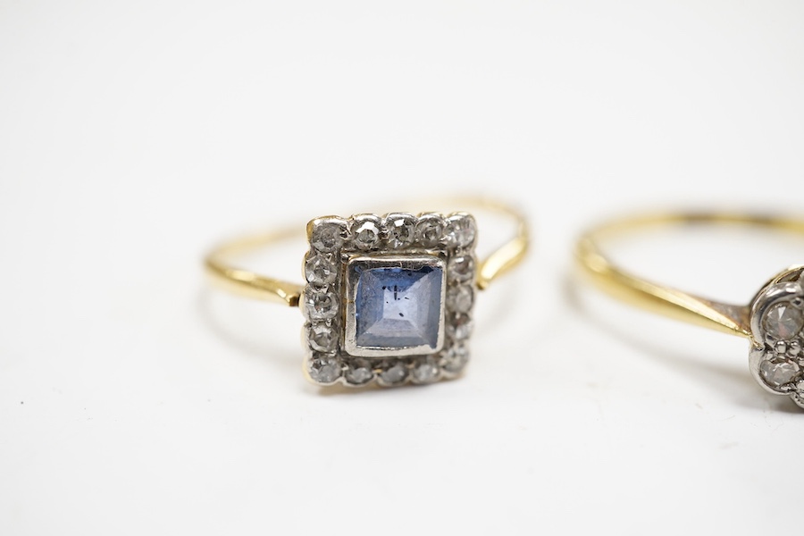 A 1920's 18ct and plat. sapphire and diamond set square cluster ring, size M, and two similar 18ct and diamond set rings, gross weight 7 grams. Condition - poor to fair.